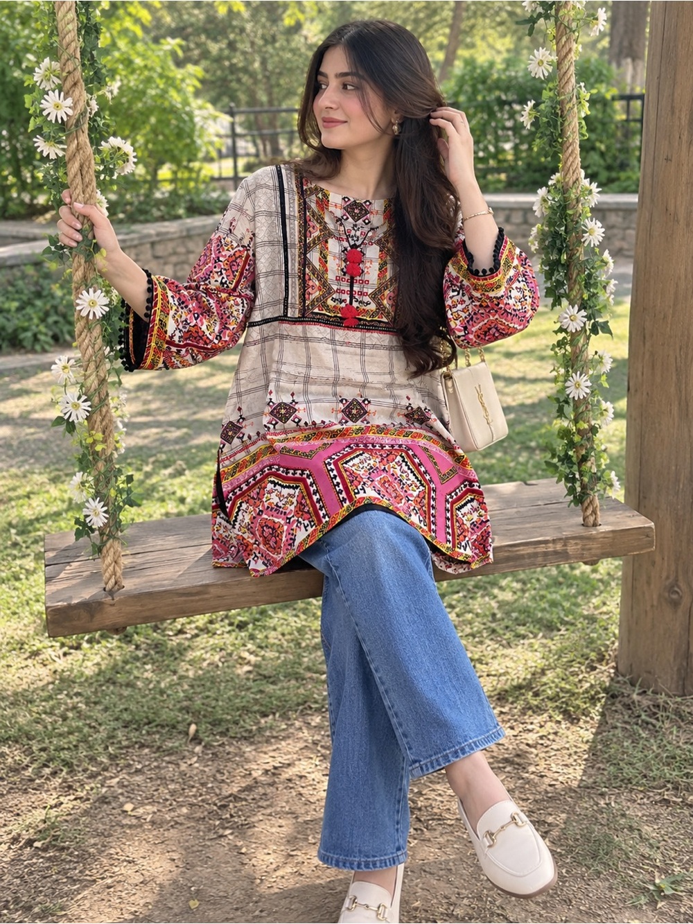 Embroidered Patchwork Tunic Top in Pink and Cream